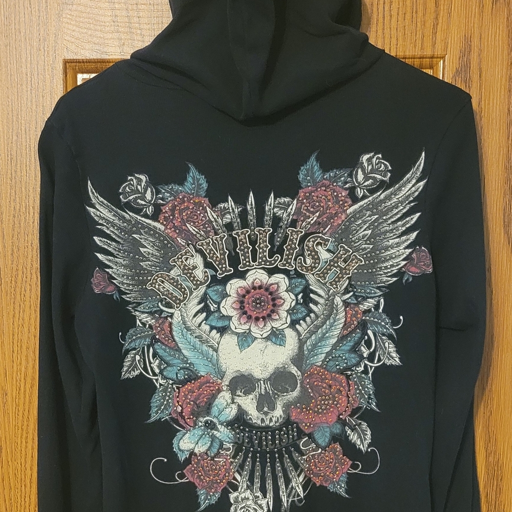 Black Long Sleeve Graphic Skull Zip-Up Hoodie